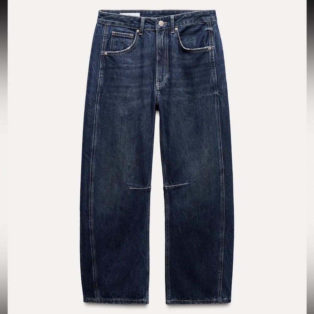 Zara TRF Dark Blue Barrel-Leg Jeans, Size 2